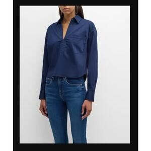 Veronica Beard Khai Poplin V-neck Top In Marine Size 0